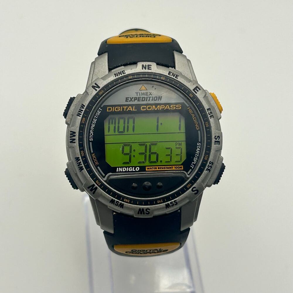 Vintage Timex Expedition Indiglo Digital Compass Watch Black & Yellow Band